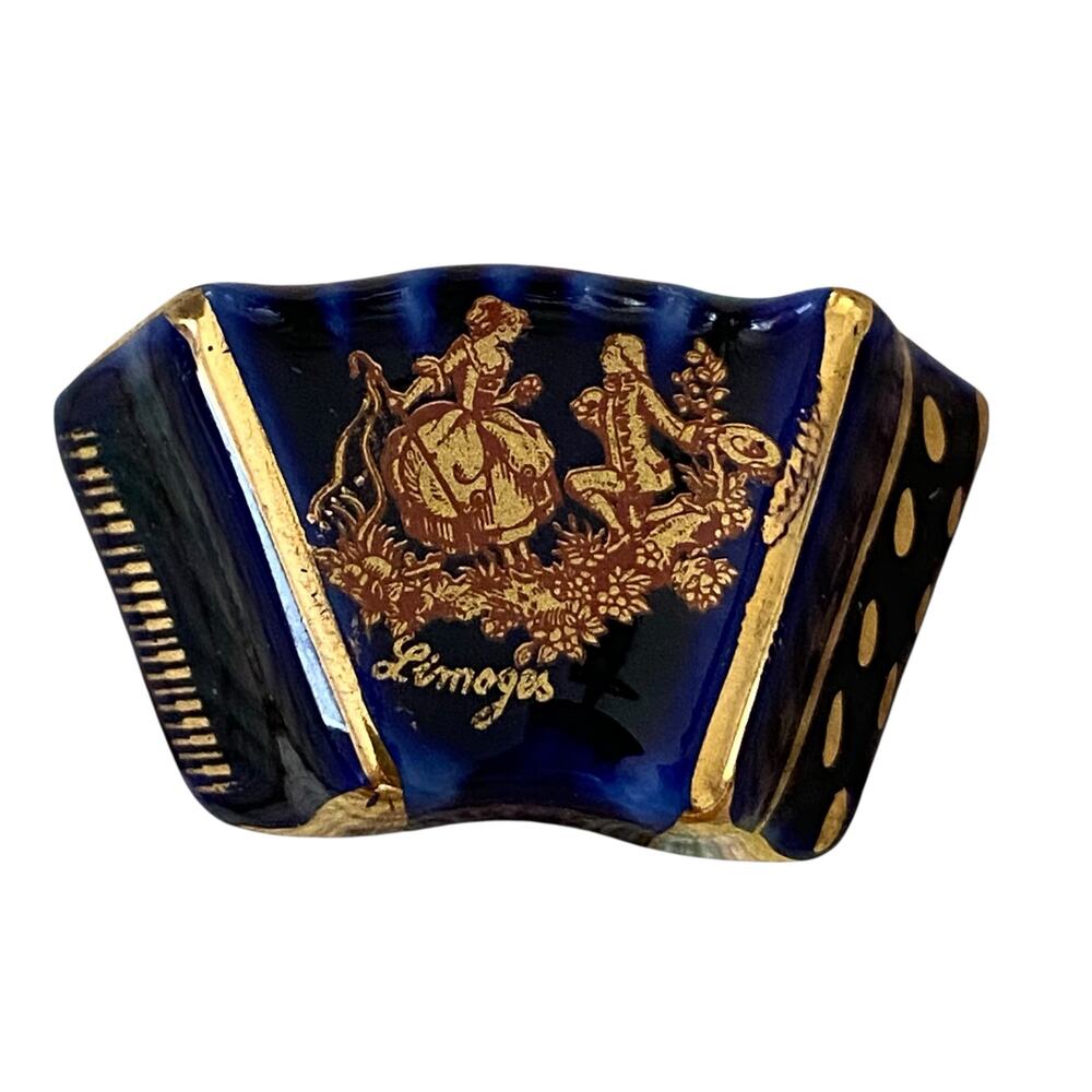 Vintage Limoges Cobalt Blue Gold Trim Miniature Accordion Figure Made in France